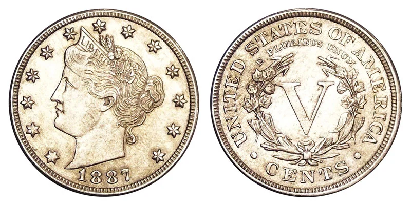 1887 Liberty Head Nickel obverse and reverse showing Lady Liberty portrait and large V reverse design