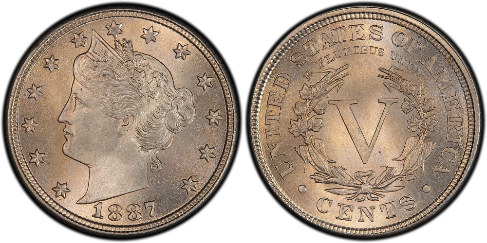 Side-by-side comparison of normal 1887 Liberty Nickel reverse versus DDR FS-801 variety showing doubling on STATES OF AMERICA lettering