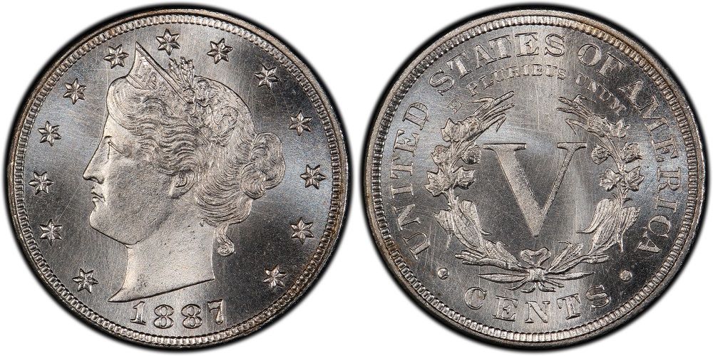 1887 Liberty Nickel DDR FS-801 variety showing doubled die reverse on STATES OF AMERICA reverse lettering close-up