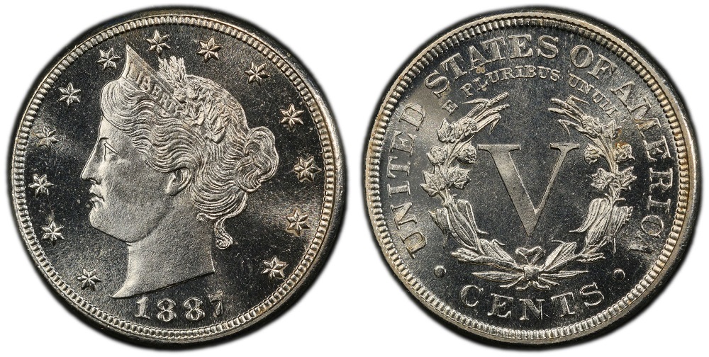 1887 Liberty Nickel grading strip showing four coins side by side from heavily worn Good grade to lustrous Uncirculated condition